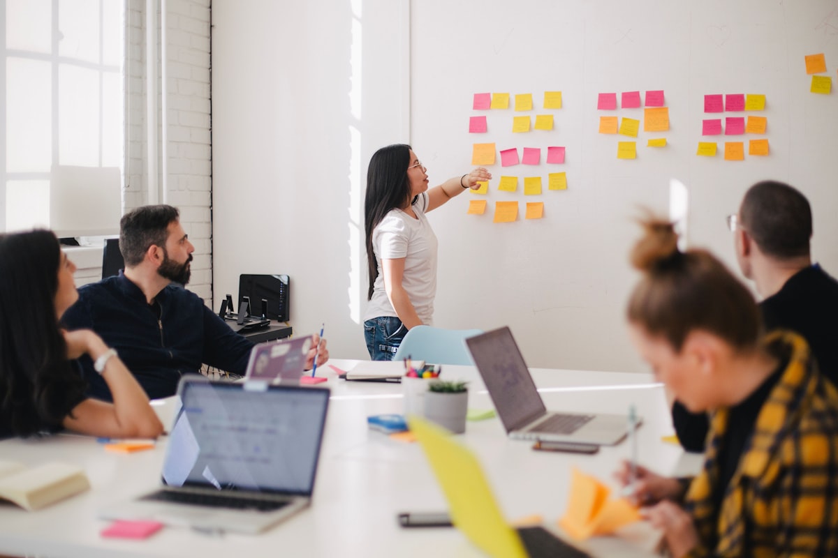 A team planning work together at a whiteboard